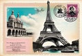 Romantic vintage Paris postcard design with postage stamps around famous landmarks Royalty Free Stock Photo