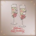 Romantic vintage Wedding invitation card template with calligraphy and decorated sparkling wine glasses color sketch. Royalty Free Stock Photo