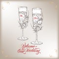 Romantic vintage Wedding invitation card template with calligraphy and decorated sparkling wine glasses sketch. Royalty Free Stock Photo