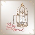 Romantic vintage Wedding invitation card template with calligraphy and white doves in cage sketch. Royalty Free Stock Photo