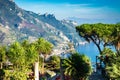 Romantic walkway and ornamental garden with colorful flowers, Villa Rufolo, Ravello, Amalfi coast, Italy Royalty Free Stock Photo