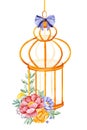 Romantic watercolor Birdcage with peony,rose,leaves,flowers,branches and bows Royalty Free Stock Photo