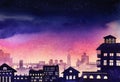 Romantic watercolor city landscape. Beautiful view of night calm town. Lights of buildings dispel darkness of coming starry night