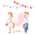 Romantic watercolor Fox-girl,Fox-boy with key,lock,pink heart on white background.Ribbon love .