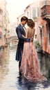 Romantic watercolor illustration of a man and a stylishly dressed woman looking at each other with love against the backdrop of