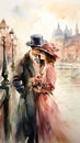 Romantic watercolor illustration of a man and a stylishly dressed woman looking at each other with love against the backdrop of