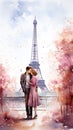Romantic watercolor illustration of a man and a stylishly dressed woman looking at each other with love against the backdrop of
