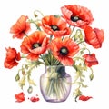 Romantic Watercolor Illustration Of Red Poppy Flower In Vase
