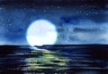 Romantic watercolor landscape of amazing night starry sky with huge full moon above deep dark sea. Calm water surface reflects