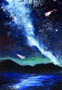 Romantic watercolor landscape of fantastic night sky with flying comets and shining milky way reflected in mountain lake. Hand