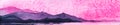 Romantic watercolor landscape of mountains against pink background. Gradient layers of mountain chain from dark silhouette to