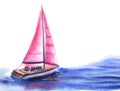 Romantic watercolor landscape in pastel shades integrated on white background. Sailboat with scarlet sail on blurry blue