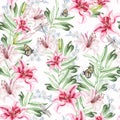 Romantic watercolor pattern with flowers lilies and berries.
