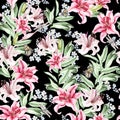 Romantic watercolor pattern with flowers lilies and berries.