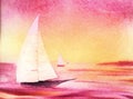 Romantic watercolor sea landscape with white sailboats against beautiful sunset sky gradient from soft yellow to crimson. Water Royalty Free Stock Photo