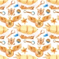 Romantic watercolor seamless pattern in fantasy style with steampunk elements