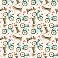 Funny romantic watercolor seamless pattern with pink hearts, basset hound dogs and turquoise retro bikes on a light background