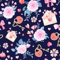 Romantic watercolor seamless pattern with pink,red heart,rose,flower,bow,lock,key on a dark blue background.Watercolo Royalty Free Stock Photo