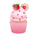 Romantic watercolor strawberry cupcake with whipped craem and cookie clipart.Whimsical valentine dessert illustration