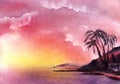 Romantic watercolor summer tropical landscape Gradient background from Violet pink to yellow Vanilla sky clouds. Exotic