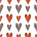 Romantic watercolour seamless pattern, red and purple hearts on white, Valentines Day decor