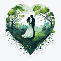 Romantic Wedding Card With Silhouette Of Couples In Green Landscape