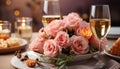 Romantic wedding celebration wine, candle, flower, champagne, elegance, gourmet, love generated by AI Royalty Free Stock Photo