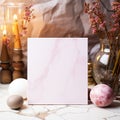 Romantic Wedding Invitation Card Mockup Pink Flowers, Gold Silver Decoration on White Marble Top Elegant Wedding Generative AI Royalty Free Stock Photo