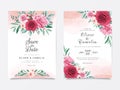 Romantic wedding invitation card template set with burgundy and peach watercolor flowers decor. Floral background with glitter for Royalty Free Stock Photo