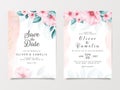 Romantic wedding invitation card template set with floral and watercolor background. Flowers and leaves botanic illustration for Royalty Free Stock Photo