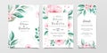 Romantic wedding invitation card template set with floral and watercolor background. Flowers and leaves botanic illustration for Royalty Free Stock Photo