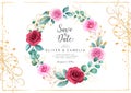 Romantic wedding invitation card template set with watercolor floral wreath and gold glitter. Abstract floral background save the Royalty Free Stock Photo