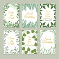 Romantic wedding invitation cards with green garden decoration, leaves and branches. Spring floral art vector set Royalty Free Stock Photo