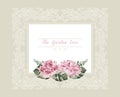 Romantic wedding invitation. Vintage card with pink flowers and floral white outline frame Royalty Free Stock Photo