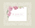 Romantic wedding invitation. Vintage card with pink flowers and floral white outline frame Royalty Free Stock Photo