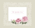 Romantic wedding invitation. Vintage card with pink and yellow flowers and floral white outline frame Royalty Free Stock Photo