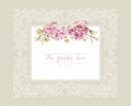 Romantic wedding invitation. Vintage card with pink and yellow flowers and floral white outline frame