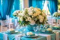 Romantic Wedding Table Setting with White Roses and Teal Accents image photo Royalty Free Stock Photo