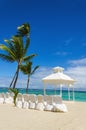 Romantic white gazebo in the exotic gardens with palm trees