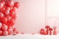 Romantic white room with colorful balloons, hearts, and gift box