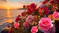 romantic wild flowers pink roses bush on sea beach at sunset Royalty Free Stock Photo