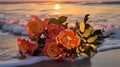 romantic wild flowers pink roses bush on sea beach at sunset Royalty Free Stock Photo