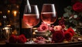 Romantic wine celebration love, elegance, luxury, candle, bouquet, gourmet generated by AI Royalty Free Stock Photo