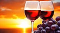 Romantic Wine Toast at Sunset with Vineyard Grapes. GenerativeAI