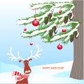 Romantic winter background with green fir tree, brown cone, cartoons deer, red ball