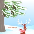 Romantic winter background with green fir tree, brown cone, cartoons deer, red ball, in white