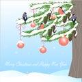 Romantic winter background with green fir tree, bullfinch, red ball, brown cone, Merry Christmas