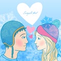 Romantic winter illustration of young couple