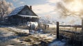 Romantic Winter Scene: Cow Walking Towards Farmhouse In Snowy Farmland