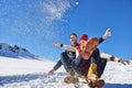 Romantic winter scene, happy young couple having fun on fresh show on winter vacatio, mountain nature landscape